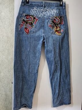 Relaxed Fit Blue Denim Jeans with Red & Yellow Dragon Embroidery